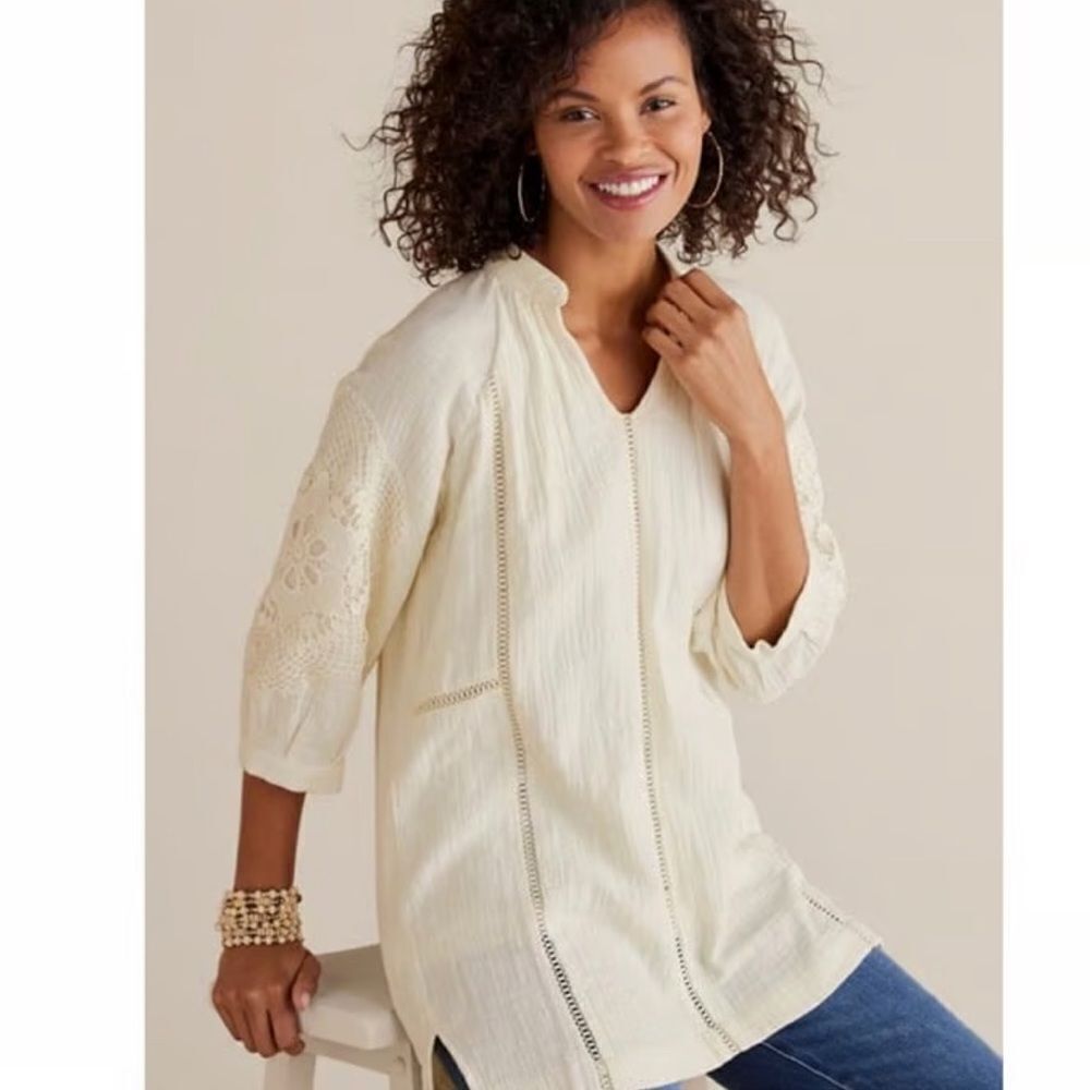 Soft Surroundings Magnolia Cream Gauzy Crinkle Cotton Lace Appliqué Tunic Blouse